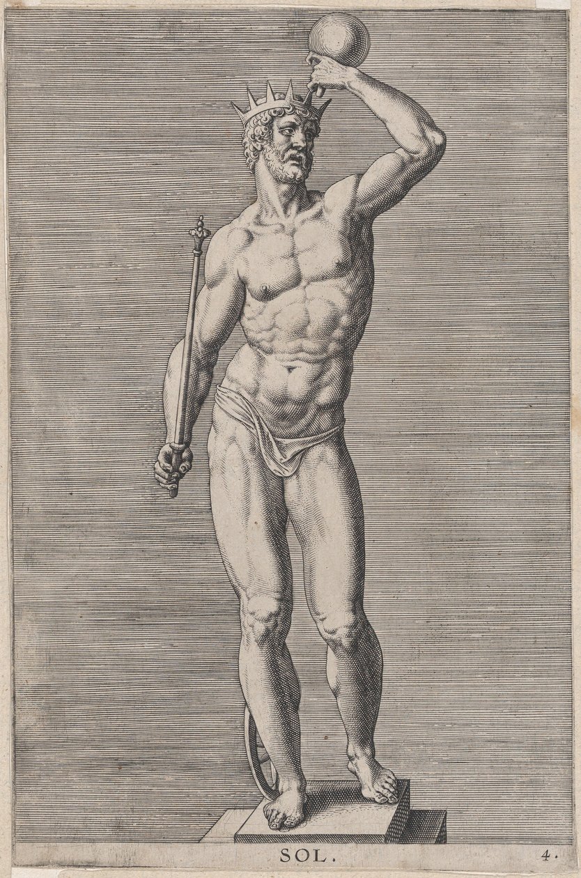 Placa 4: Apolo, estatua del dios desnudo de pie sobre un zócalo, con una corona y sosteniendo... de Philip Galle