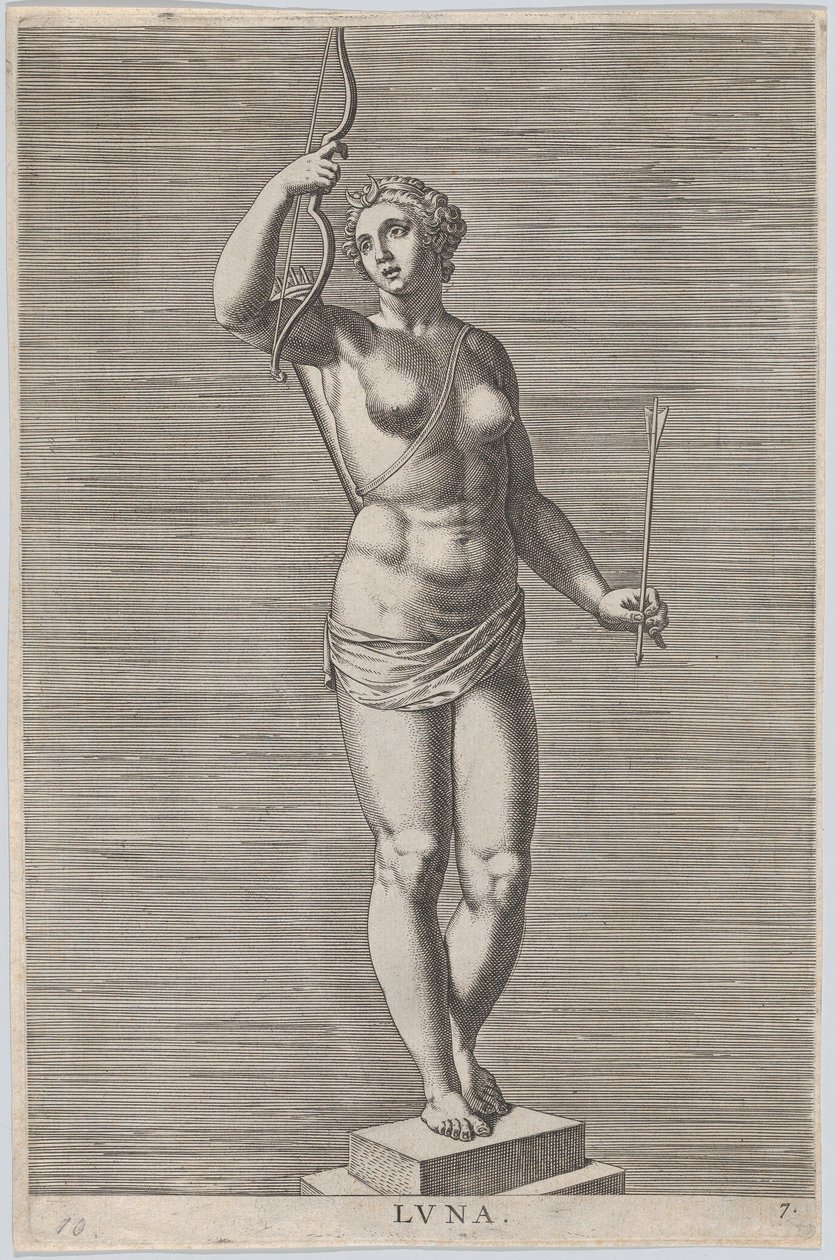 Placa 7: Diana, estatua de la diosa desnuda de pie sobre un zócalo, con una luna creciente en..., 1586 de Philip Galle