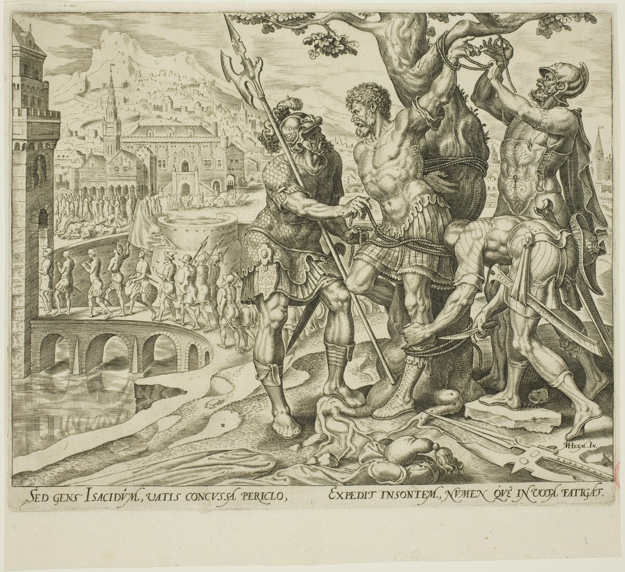 Los israelitas encuentran a Achior atado a un árbol, lámina dos de La historia de Judith y Holofernes de Philip Galle