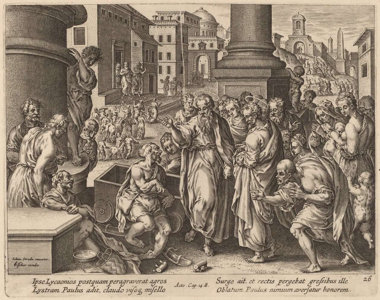 San Pablo cura al hombre cojo en Listra de Philip Galle after Jan van der Straet