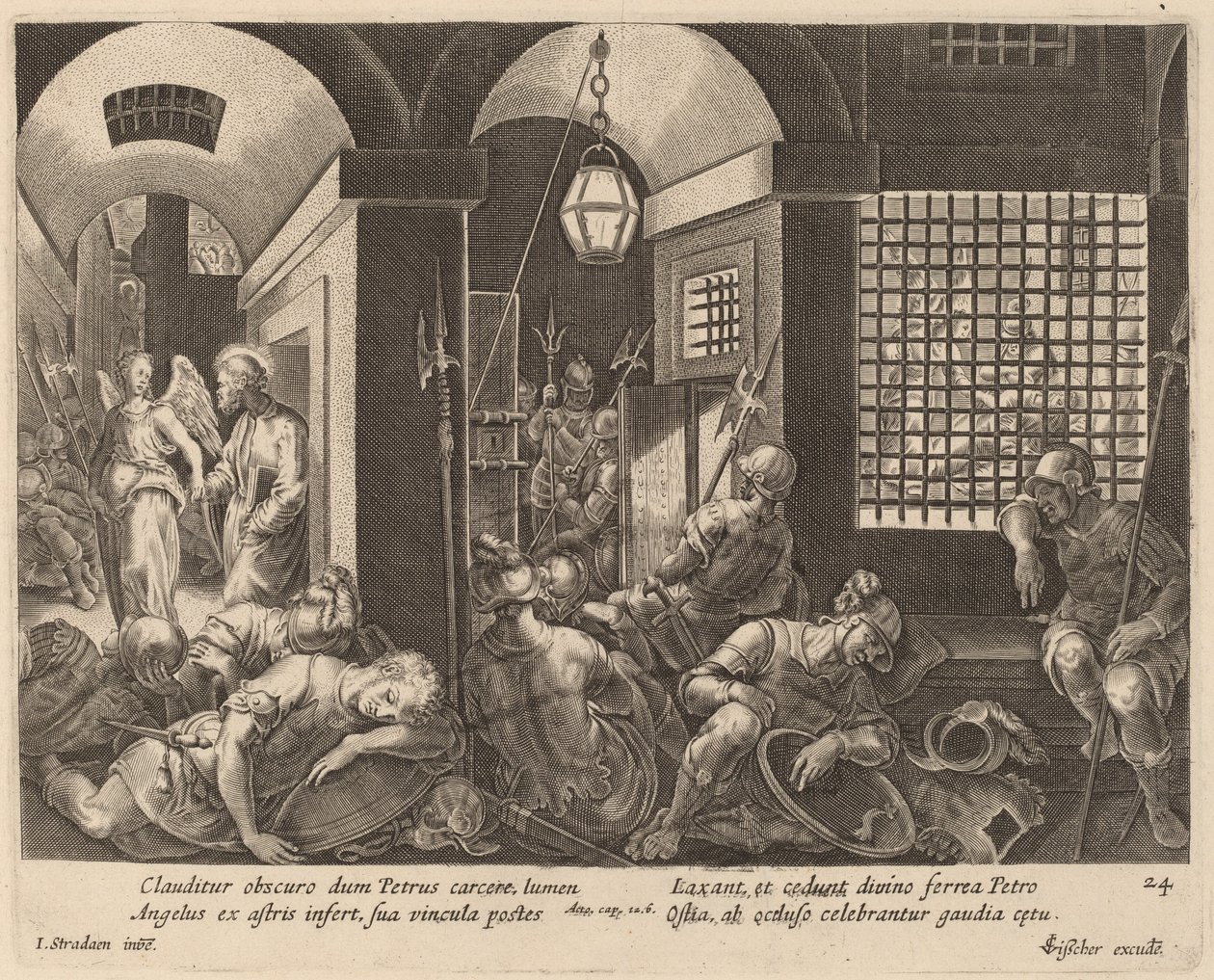 San Pedro Liberado de la Prisión por un Ángel de Philip Galle after Jan van der Straet