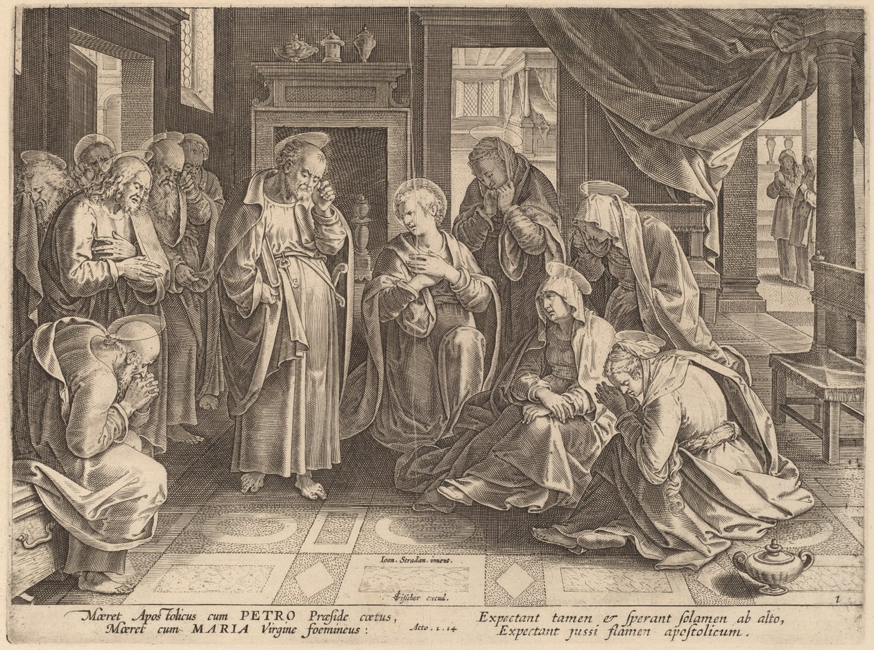 El encuentro de los apóstoles y las mujeres en el aposento alto de Philip Galle after Jan van der Straet