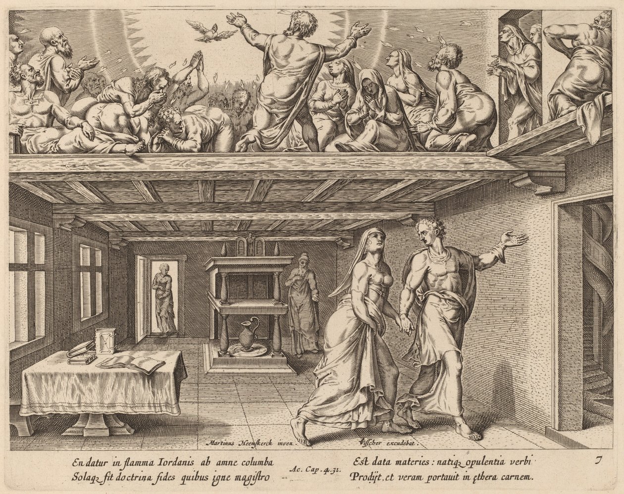 Y todos fueron llenos del Espíritu Santo de Philip Galle after Maerten van Heemskerck