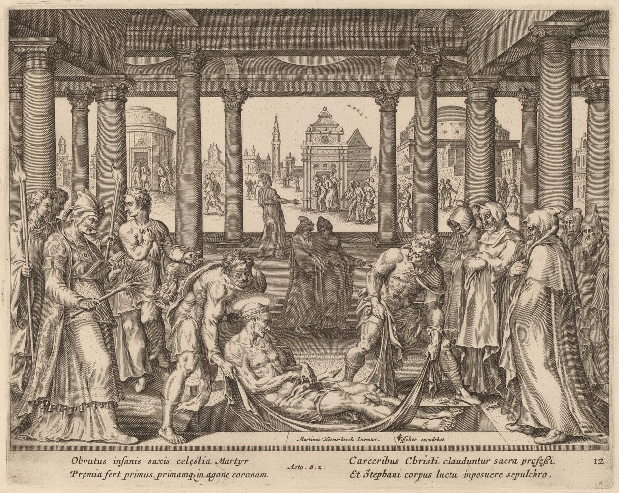 Hombres devotos llevando a San Esteban a su entierro de Philip Galle after Maerten van Heemskerck