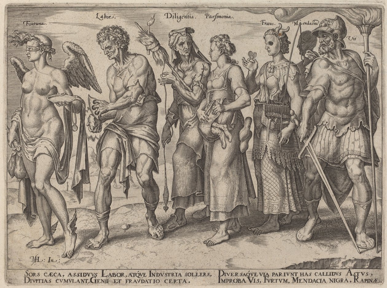 Fortuna, Labor, Diligencia, Parsimonia, Fraus (Formas Honestas y Deshonestas de Hacerse Rico) de Philip Galle, after Maerten van Heemskerck
