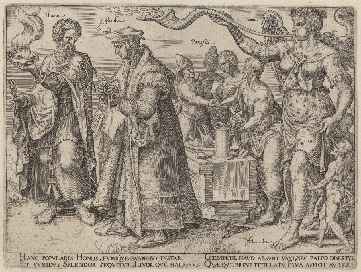 Honor, Esplendor, Parásitos, Fama (Los Efectos Engañosos de la Riqueza) de Philip Galle, after Maerten van Heemskerck