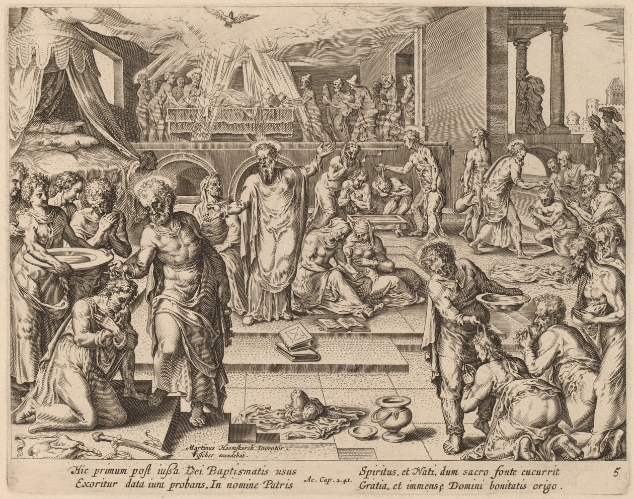 Muchos son bautizados de Philip Galle after Maerten van Heemskerck