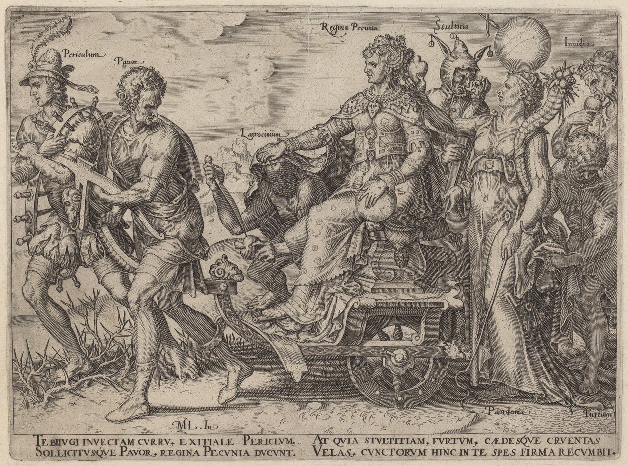 Periculum, Pauor, Latrocinium, Regina Pecunia, Stultitia, Invidia (Peligros y vicios que acompañan a la riqueza) de Philip Galle, after Maerten van Heemskerck