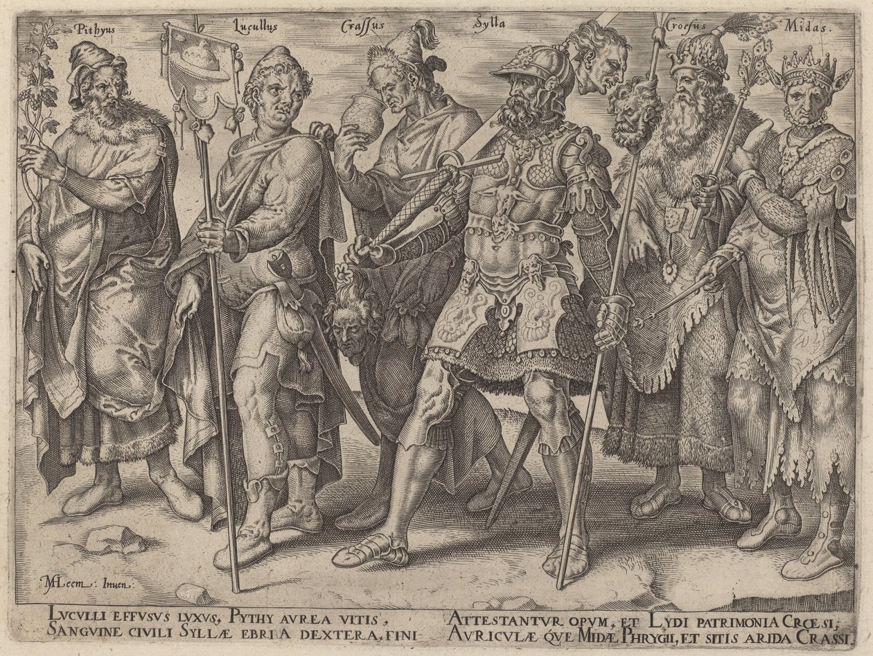 Pythius, Lucullus, Crassus, Sylla, Croesus, Midas (Ejemplos notorios de riqueza de la antigüedad) de Philip Galle, after Maerten van Heemskerck