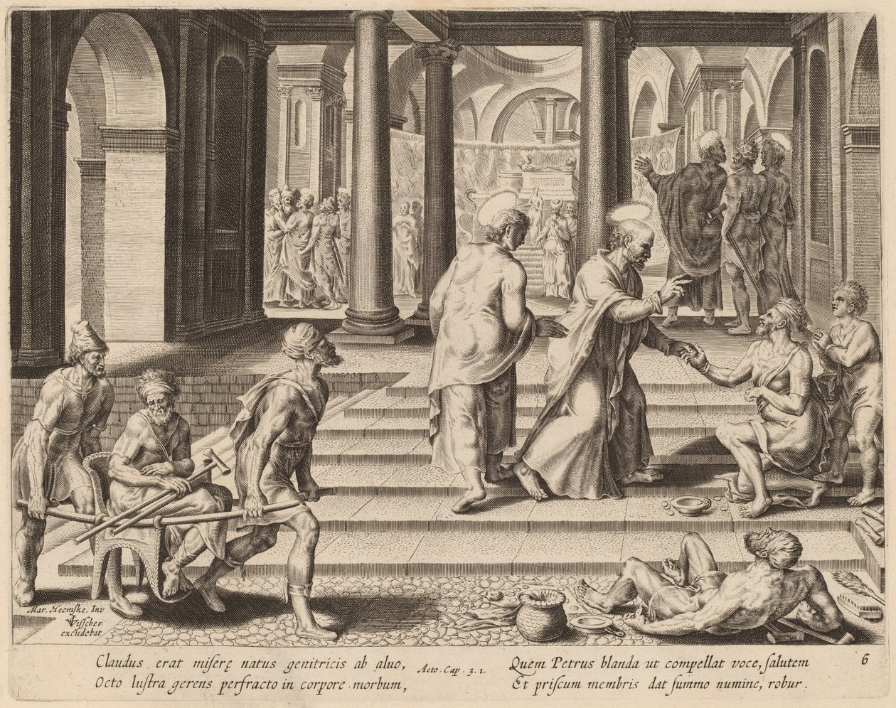 San Pedro y San Juan curan a un lisiado en la puerta del templo de Philip Galle after Maerten van Heemskerck