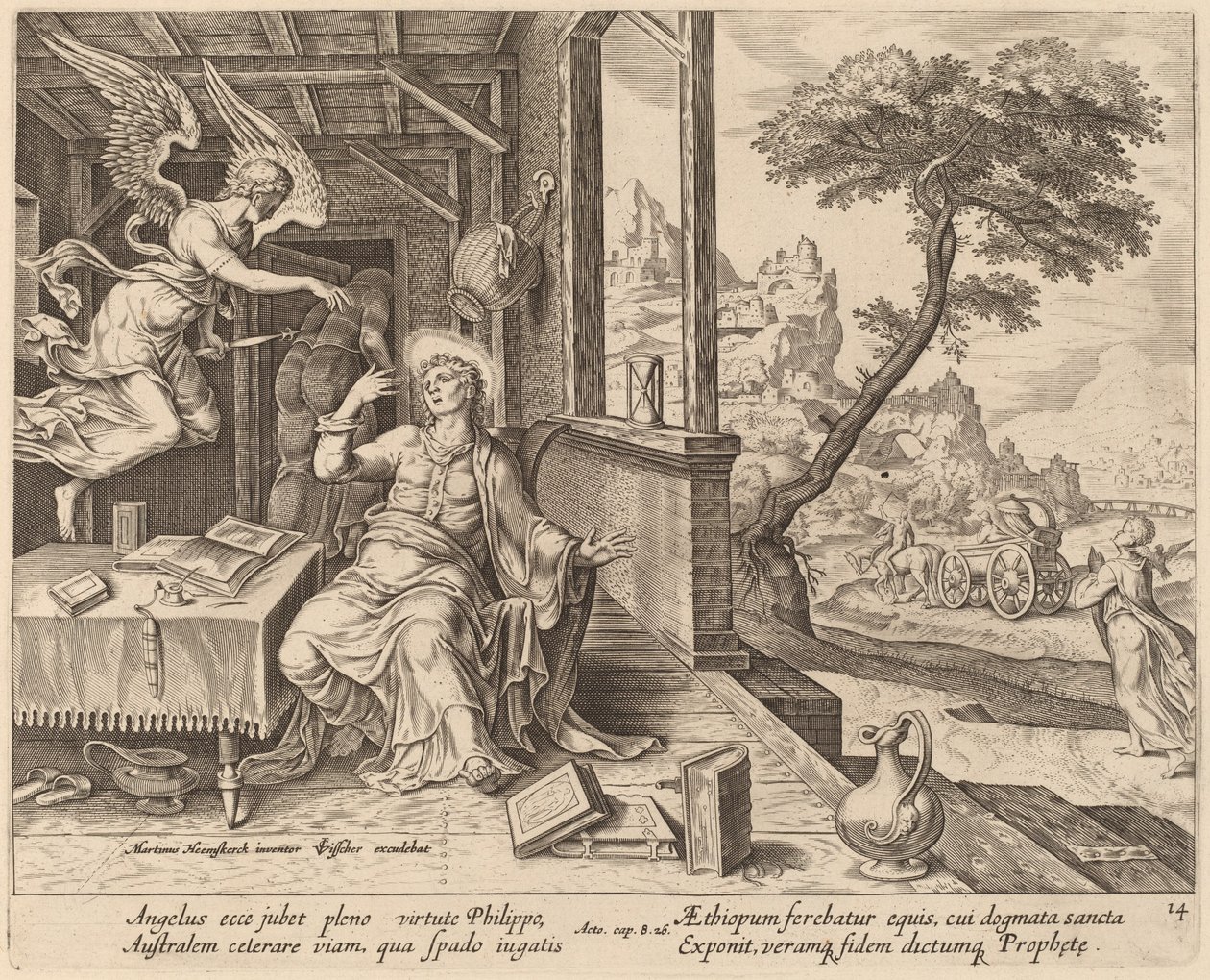 El ángel ordena a San Felipe que acompañe al eunuco etíope de Philip Galle after Maerten van Heemskerck