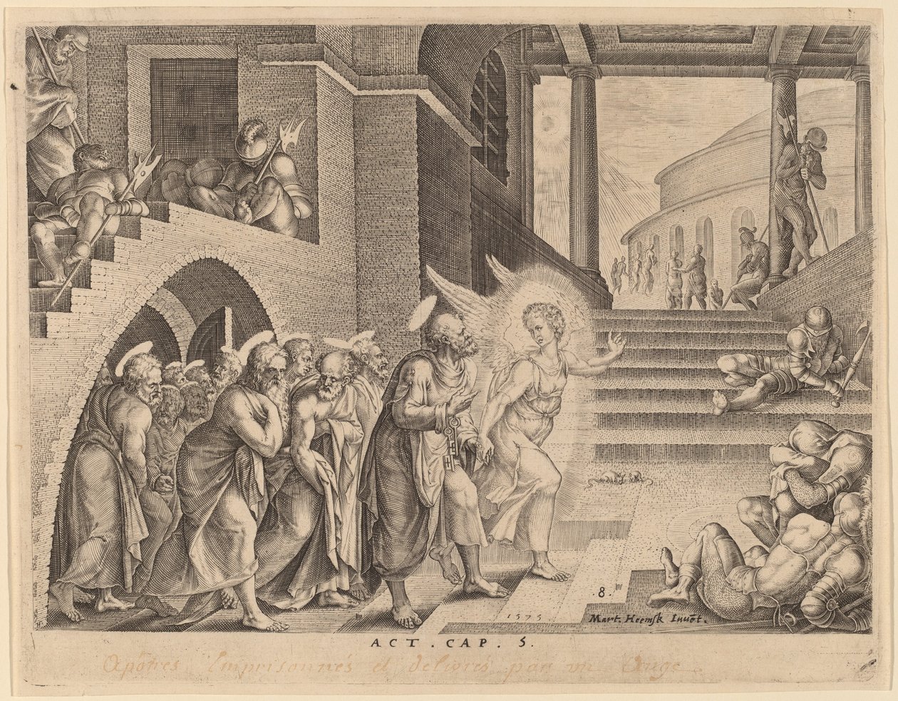Los apóstoles liberados de la prisión por un ángel de Philip Galle after Maerten van Heemskerck