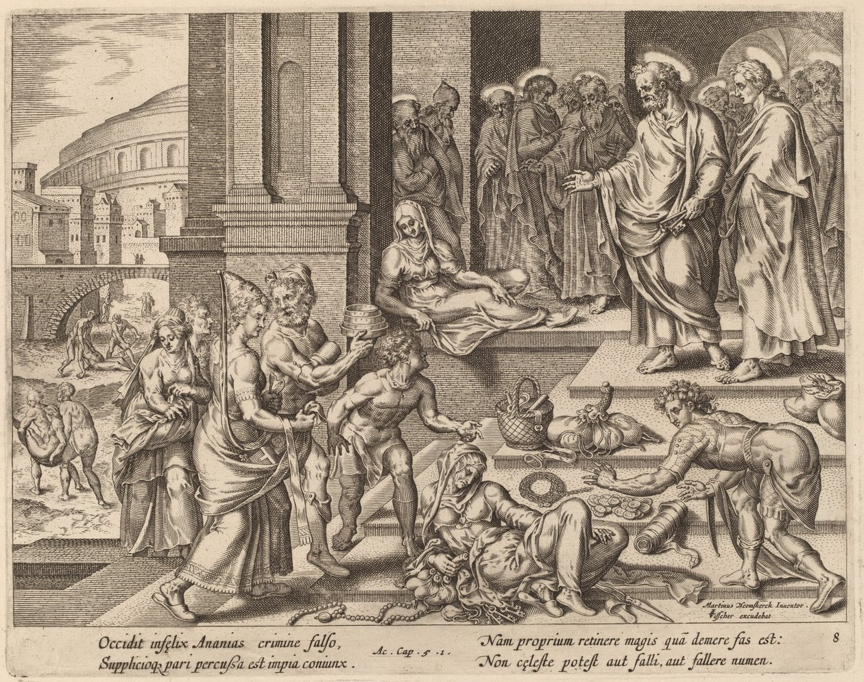 Las muertes de Ananías y Safira de Philip Galle after Maerten van Heemskerck