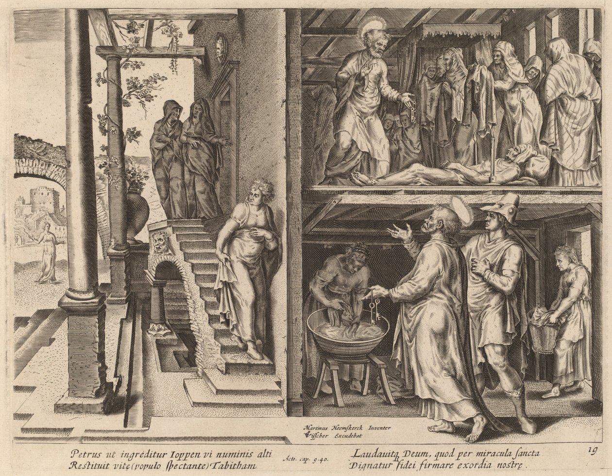 La resurrección de Tabita de Philip Galle after Maerten van Heemskerck