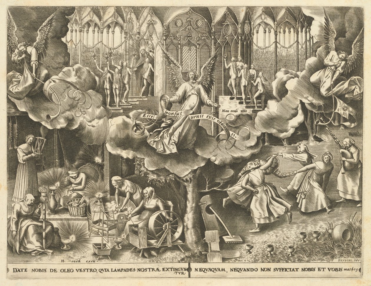 La parábola de las vírgenes prudentes y necias de Philip Galle, after Pieter Bruegel the Elder