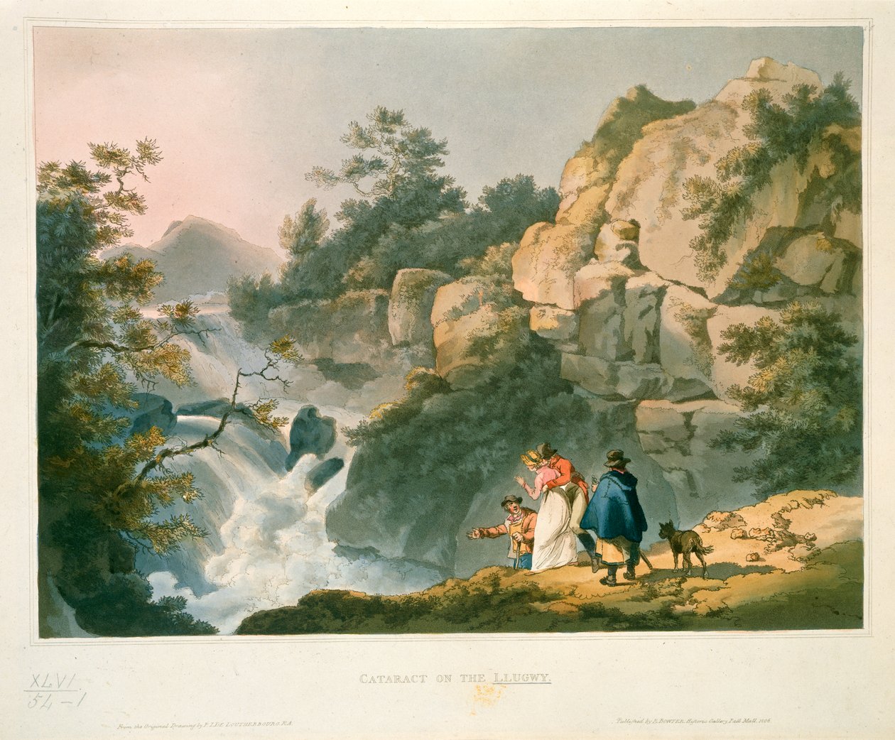 Turistas mirando una cascada, catarata en el Llugwy de Philip James de Loutherbourg
