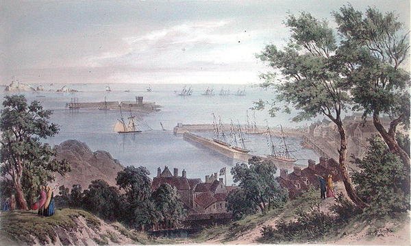 El escuadrón real anclado, 2 de septiembre de 1846, de la visita de la reina Victoria en Jersey, grabado por H. Walter de Philip John (after) Ouless