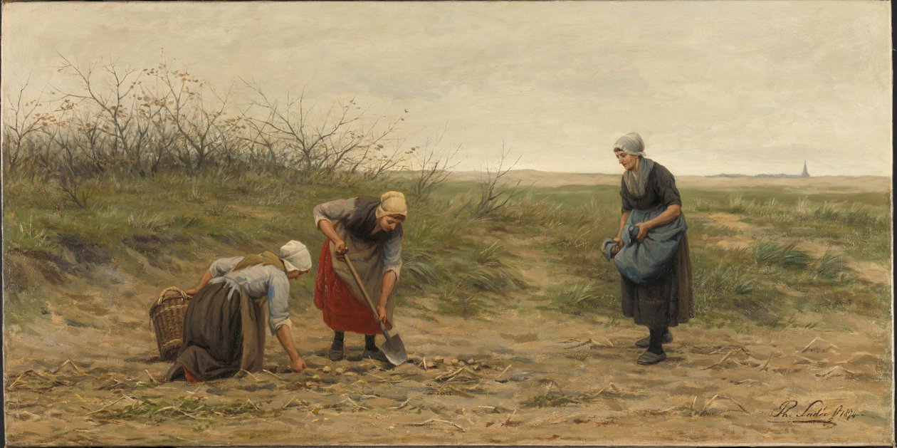 Mujeres de Scheveningen cosechando patatas en un campo de Philip Lodewijk Jacob Frederick Sadee