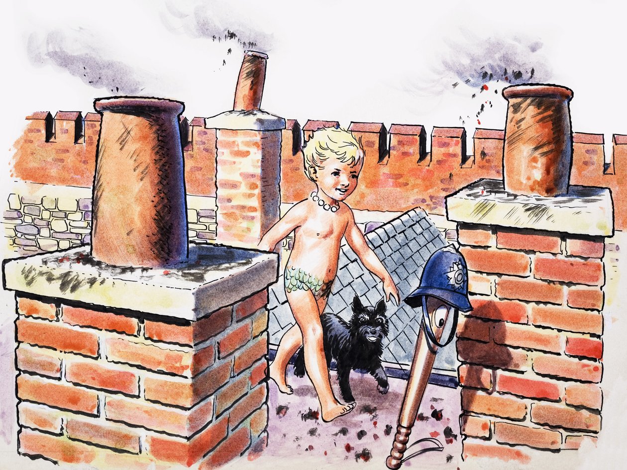 Bebé en el tejado, ilustración de "The Water Babies" de Charles Kingsley (gouache sobre papel) de Philip Mendoza