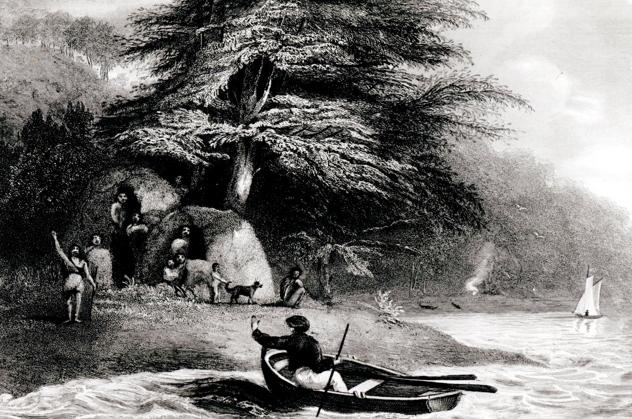 Cabañas fueguinas en Hope Harbour en el Canal Magdalena, grabado por S. Bull, 1838 de Philip Parker King