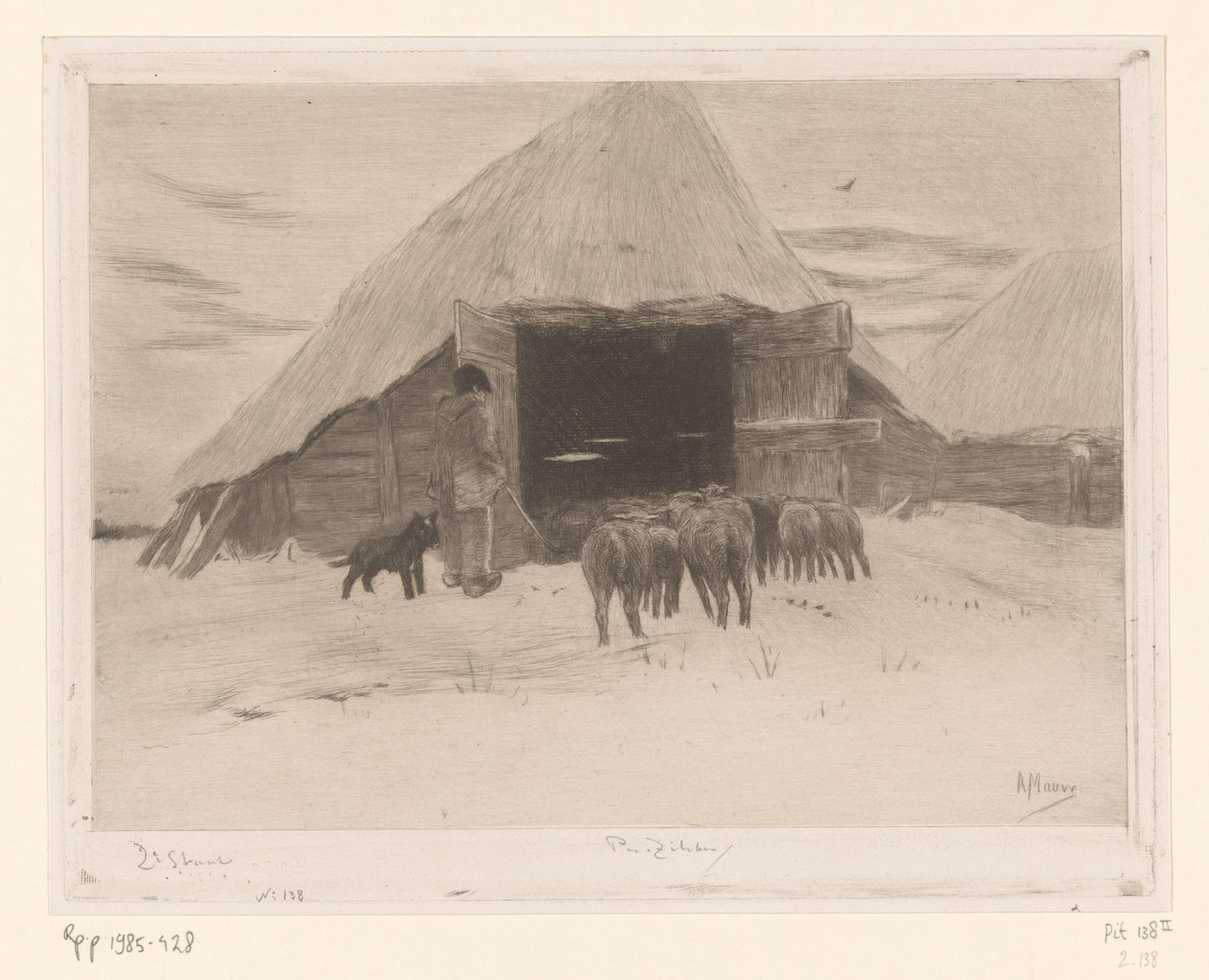 Un pastor conduce un rebaño de ovejas a un establo
Grange dans la neige (título original) de Philip Zilcken (signed by artist)
