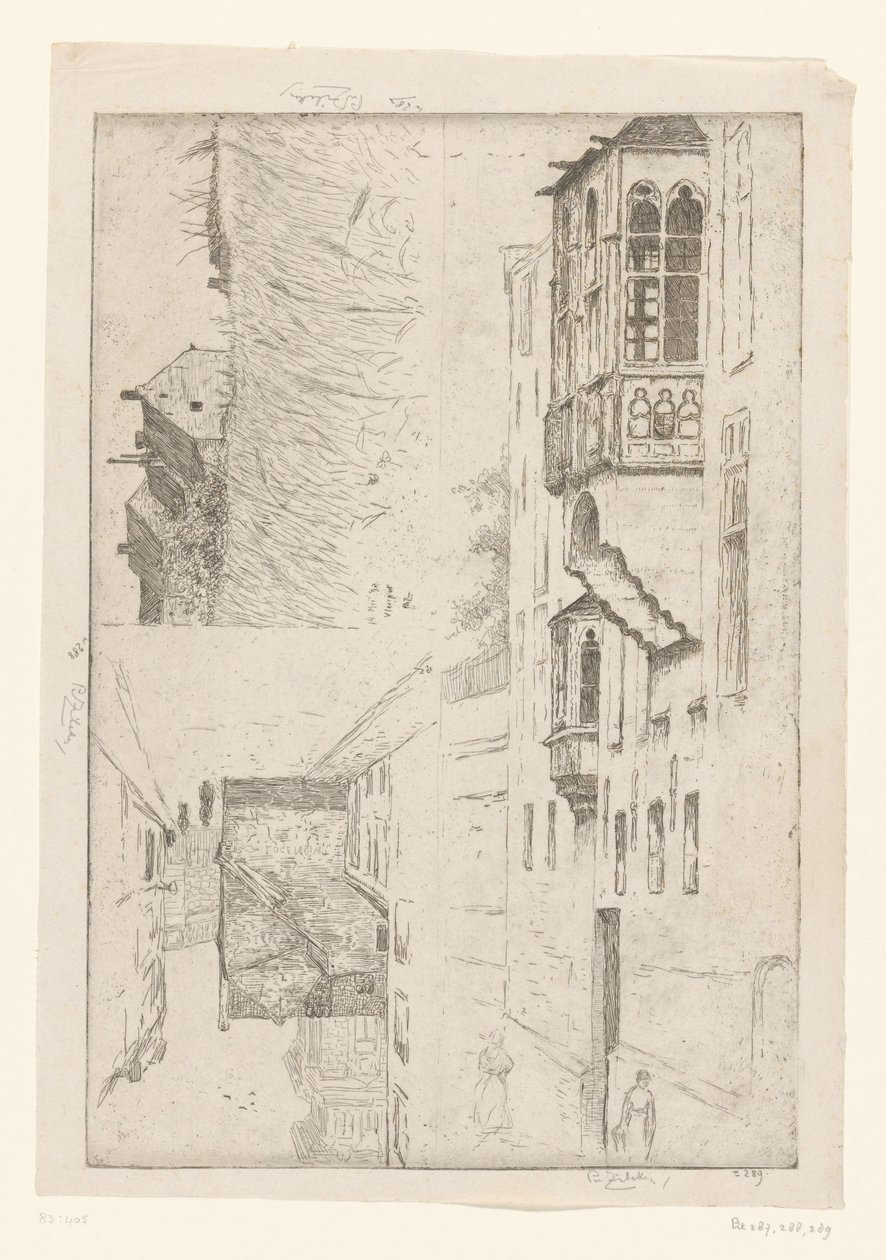 Campo de trigo con casas y dos vistas de casas en un pueblo
A Vleurgat; Champ de Blé / Rue Haute / Etude de la bretêche de l