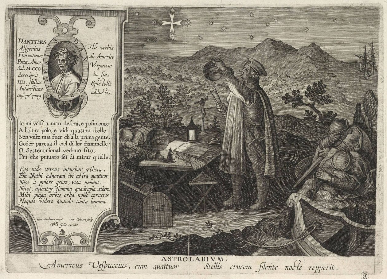 Américo Vespucio encontrando la constelación de la Cruz del Sur con un astrolabio Americae Retectio, 1591 de Philipp Galle