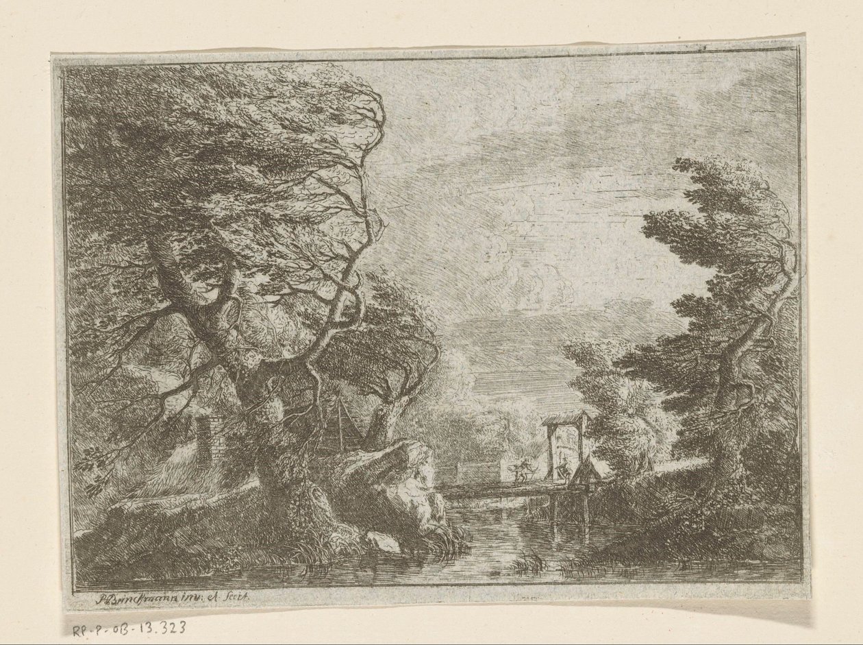 Paisaje tormentoso con árboles junto a un puente sobre un río de Philipp Hieronymus Brinckmann