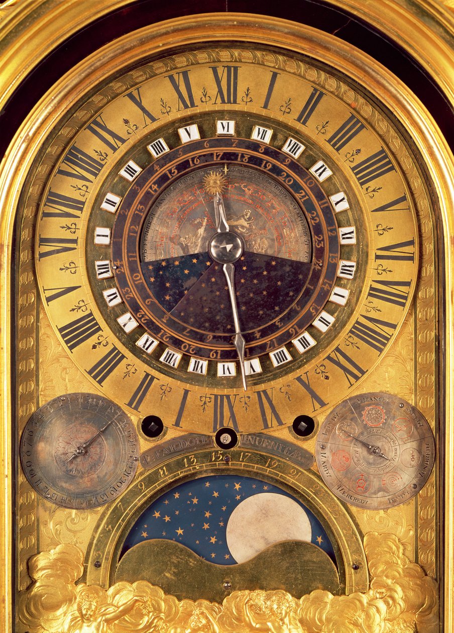 Reloj astronómico hecho para el Gran Delfín Luis de Francia (1661-1711) detalle de la cara, 1710 (bronce dorado) (detalle) de Philippe and Fardoil, Pierre Caffieri