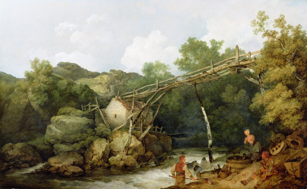 Una Vista cerca de Matlock, Derbyshire con Figuras Trabajando bajo un Transportador de Madera, 1785 de Philippe Jacques de Loutherbourg