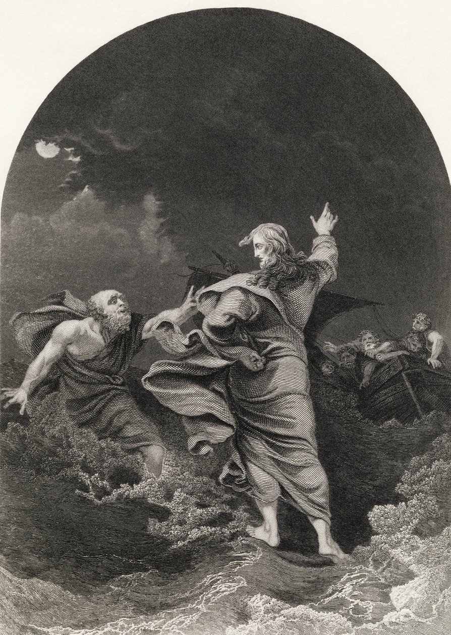 Cristo caminando sobre el mar, grabado por S. Allen, de 