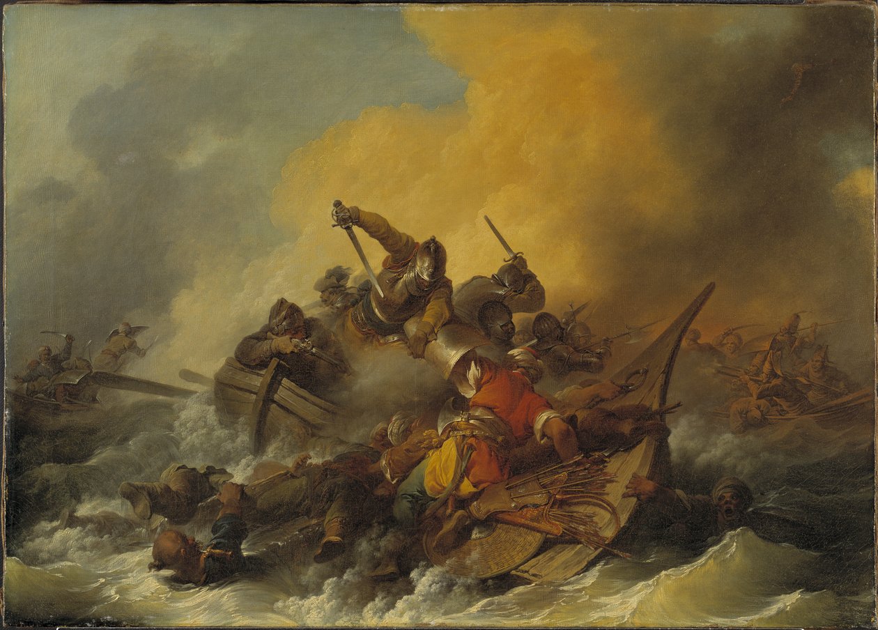 Batalla en el mar entre soldados y piratas orientales, 1767 de Philippe Jacques de Loutherbourg
