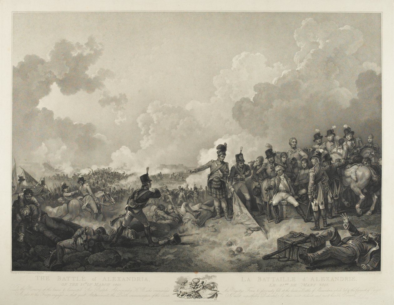 La Batalla de Alejandría, con el General Abercrombie herido, 21 de marzo de 1801, grabado por A. Cardon de Philippe Jacques de Loutherbourg