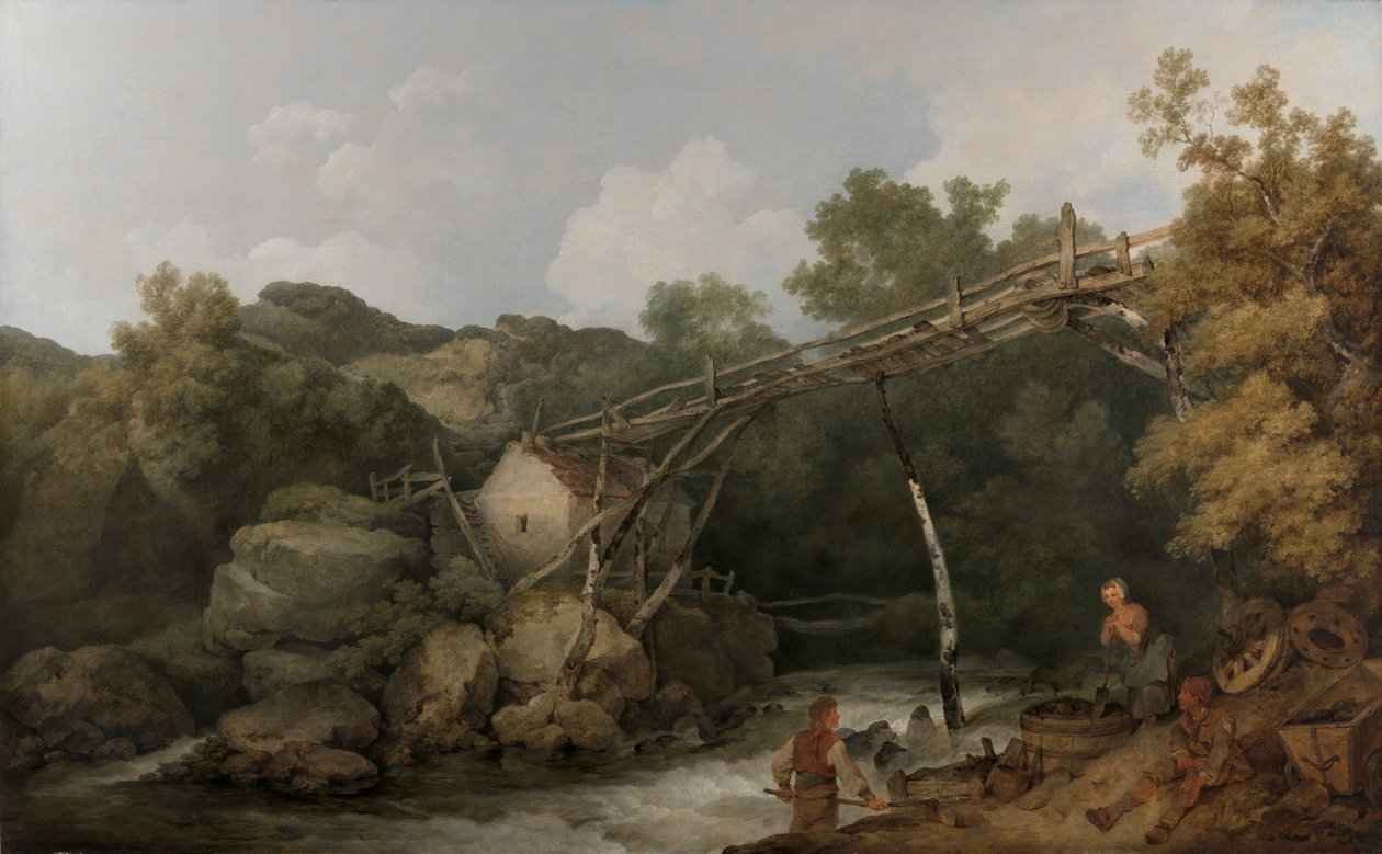 Vista cerca de Matlock, Derbyshire, con figuras trabajando bajo una cinta transportadora de madera de Philippe-Jacques de Loutherbourg
