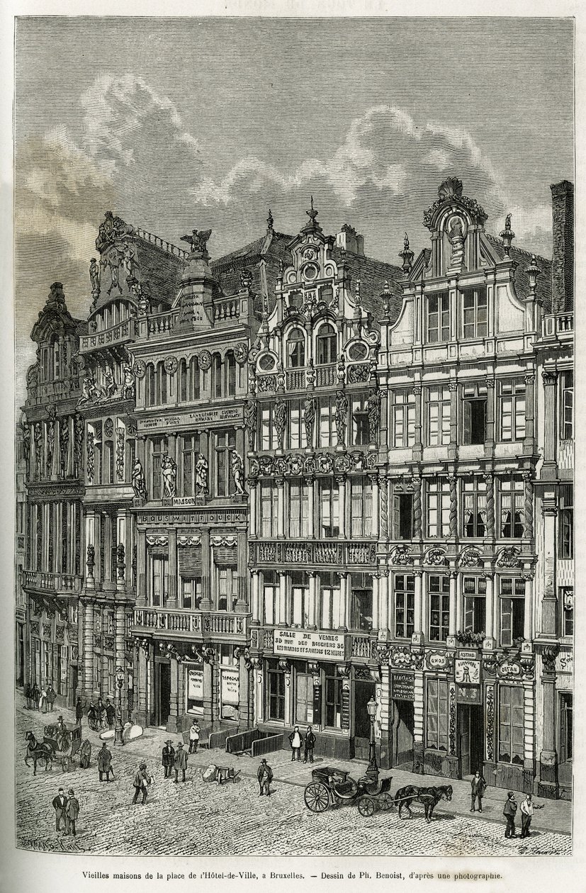 Casas antiguas en la plaza del ayuntamiento en Bruselas. Grabado por Ph. Benoist, para ilustrar la historia de Bélgica por Camille Lemonnier, publicado en el tour du monde, bajo la dirección de Edouard Charton (1807-1890), París de Philippe Benoist