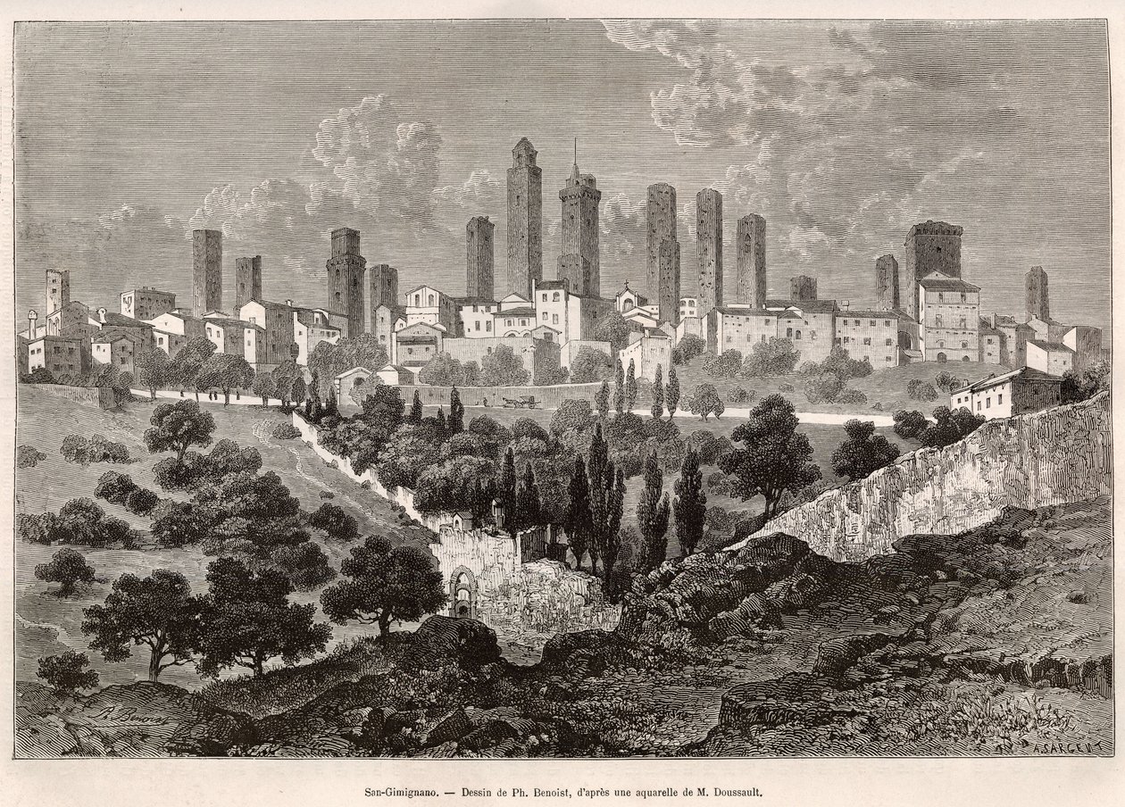 Vista de San Gimignano (Toscana, Italia). Grabado según el dibujo de Ph. Benoist, para ilustrar el viaje a Toscana y Umbría, por Francis Wey, en 1875, publicado en "Le tour du monde" 1876, editado por Edouard Charton, edición Hachette, París. Selva de Philippe Benoist
