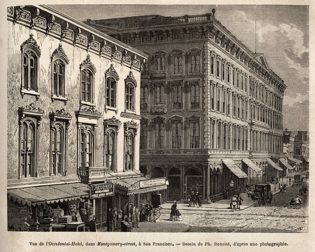 Vista del Hotel Occidental (Occidental Hotel), en la calle Montgomery (Montgomery street), San Francisco (California), grabado según el dibujo de Ph. Benoist, ilustrando el viaje de Washington a San Francisco, en 1868, por L. Simonin, publicado en de Philippe Benoist