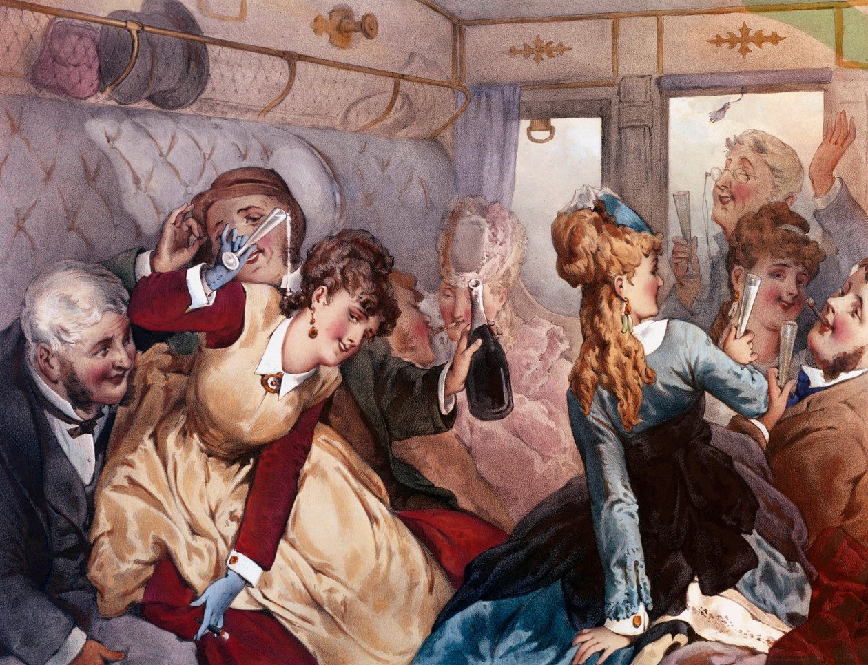 El tren del placer Un grupo de burgueses bebiendo y entreteniéndose en un vagón. Litografía de Philippe Jacques Linder de Philippe Jacques Linder