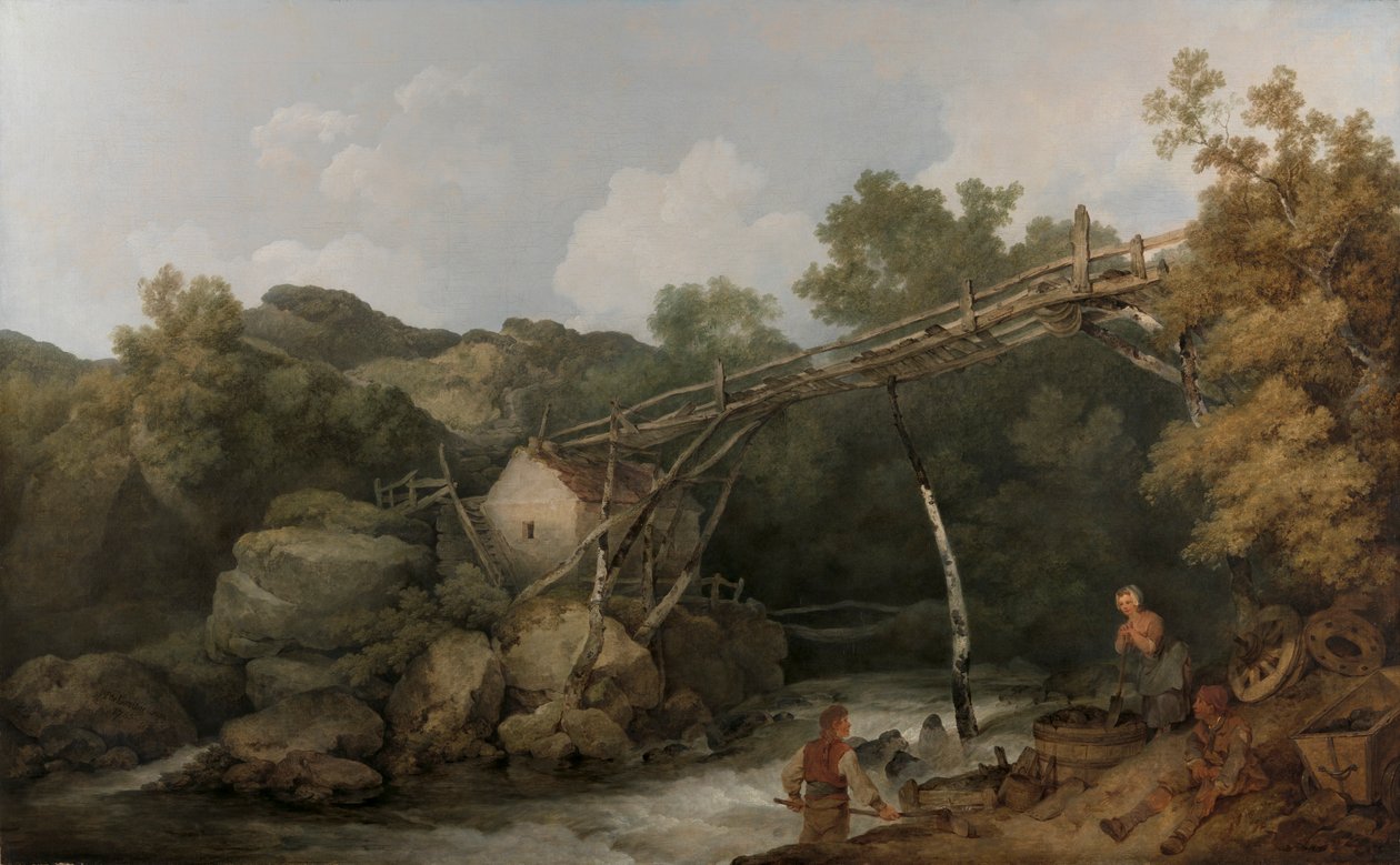 Vista cerca de Matlock, Derbyshire, con figuras trabajando bajo una cinta transportadora de madera de Philippe Jacques de Loutherbourg