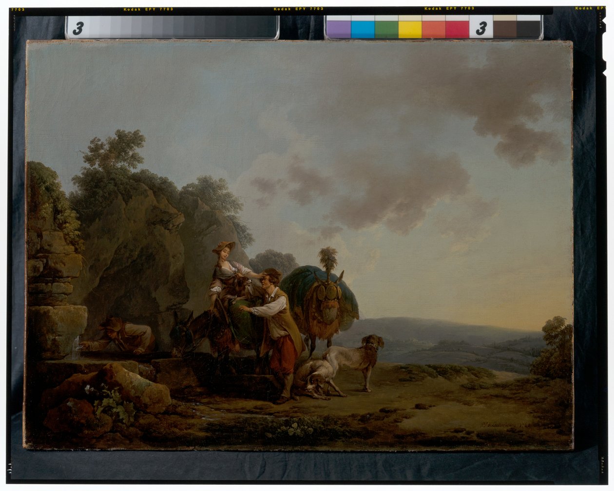 Viajeros con sabuesos y mulas muy cargadas en un pozo de Philippe Jacques de Loutherbourg
