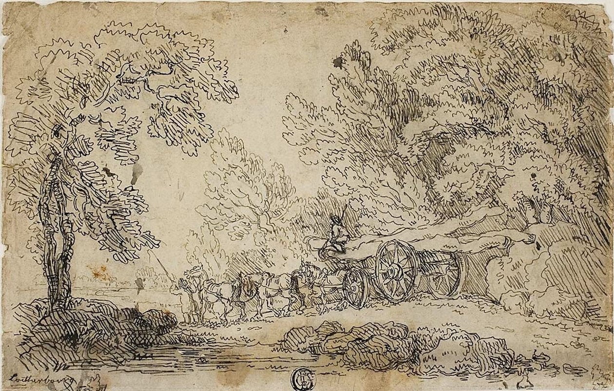 Transportando troncos en un bosque (anverso); Bocetos de personas en diversas actividades (reverso) de Philippe Jacques de Loutherbourg II