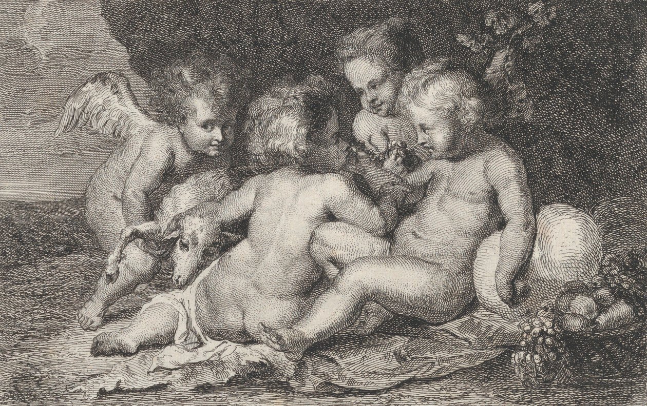 Un grupo de tres niños y un putto con fruta y un cordero, ca. 1760-1801 de Philippe Lambert Joseph Spruyt