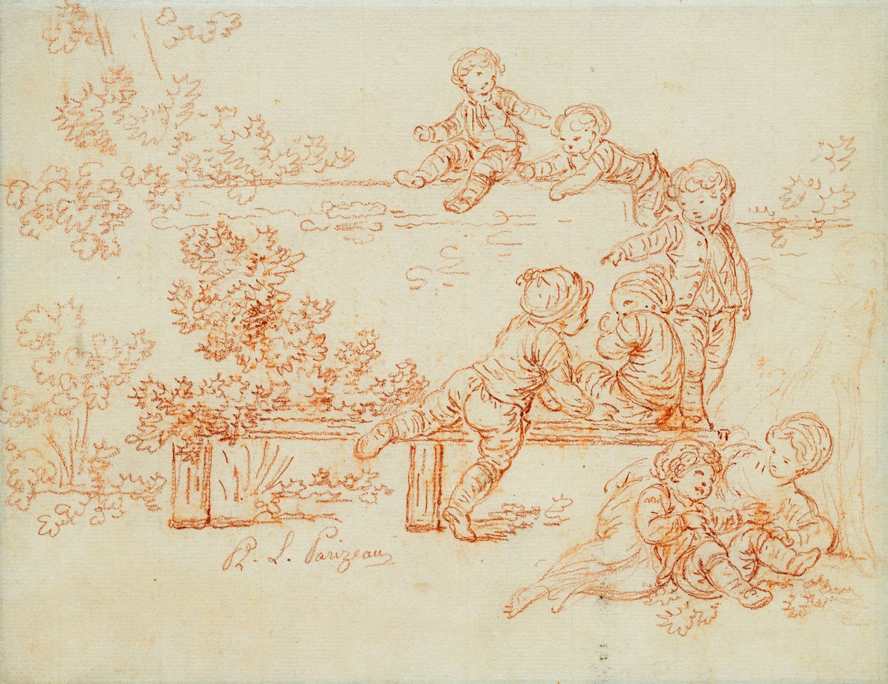 Niños Jugando y Trepando una Pared de Philippe Louis Parizeau