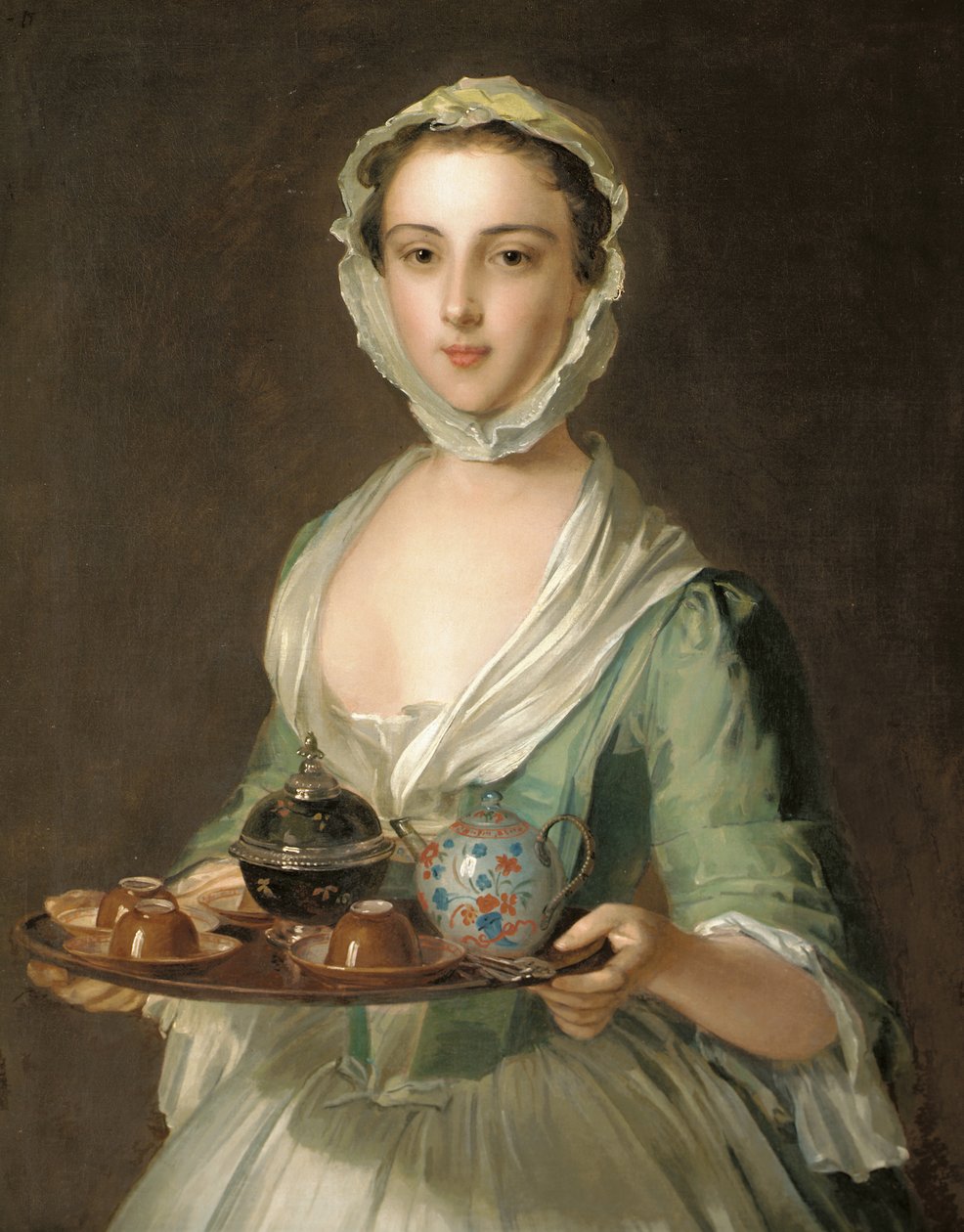 Retrato de una joven, posiblemente Hannah, la criada del artista, sosteniendo una bandeja de té de Philippe Mercier