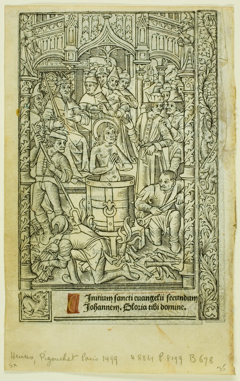 El Martirio de San Juan Evangelista (recto), y Calendario de Diciembre (verso), del Libro de Horas de Philippe Pigouchet