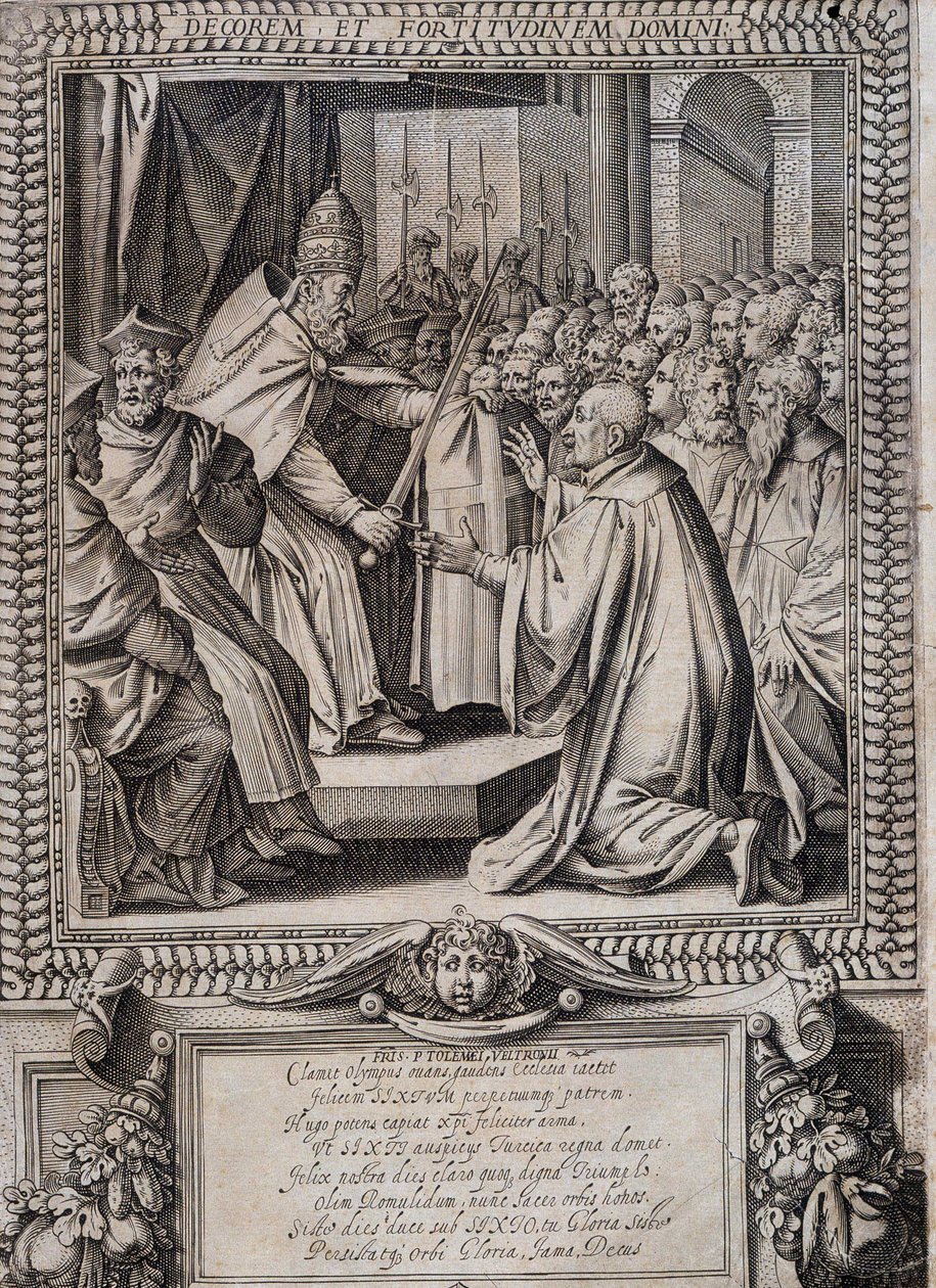 Tablón de Estatutos de la Orden de Malta “Statuta Hospitalis Hervsalem” (ablandamiento de un caballero por un papa), por Philippe Thomassin, finales del siglo XVI de Philippe Thomassin