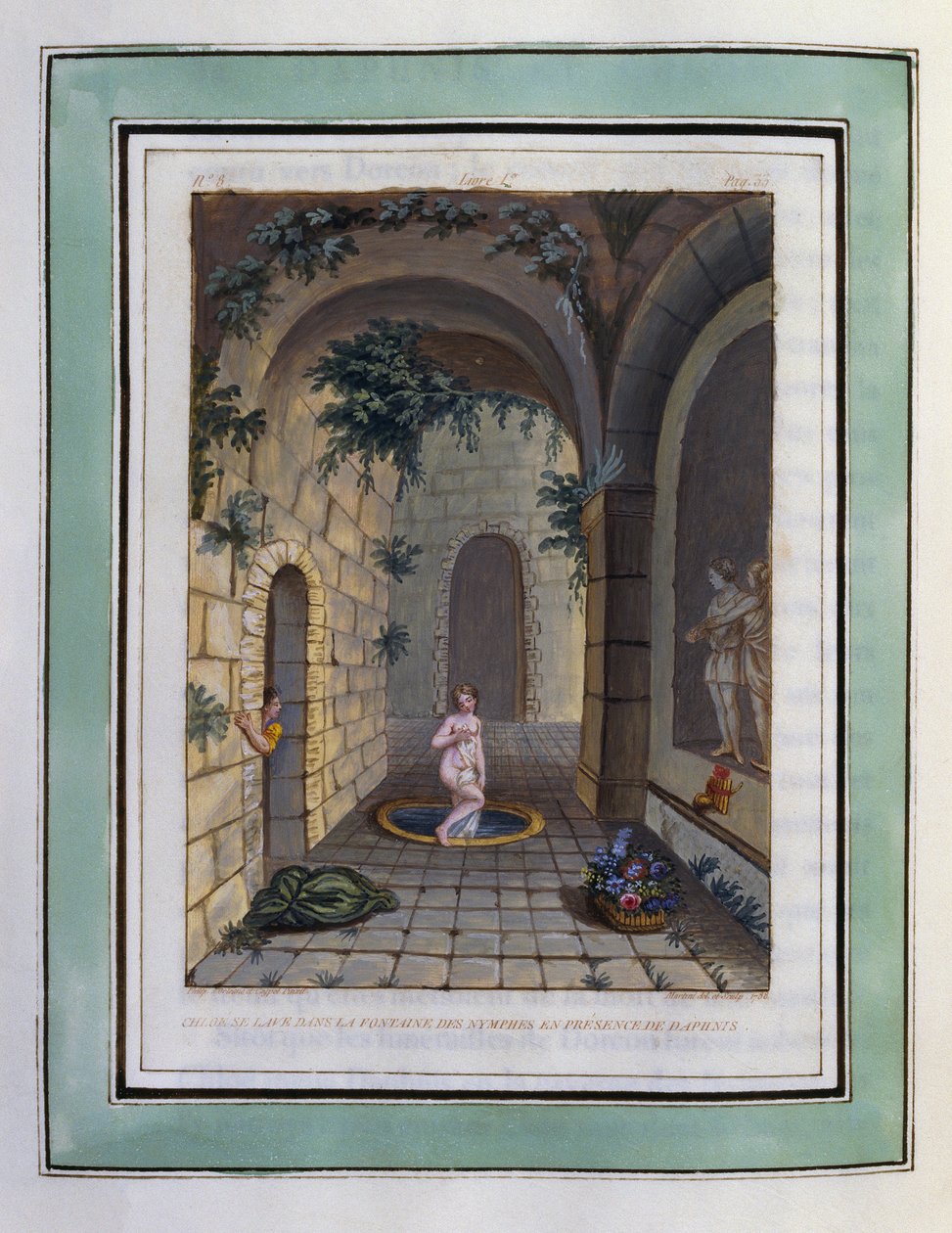 Cloe se lava en la fuente de las ninfas en presencia de Dafnis. Dibujo de Philippe d