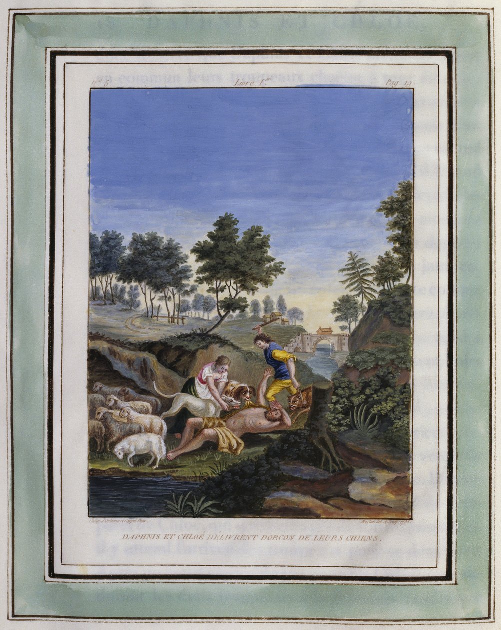 Dafnis y Cloe libran a Dorcón de sus perros. Dibujo de Philippe d