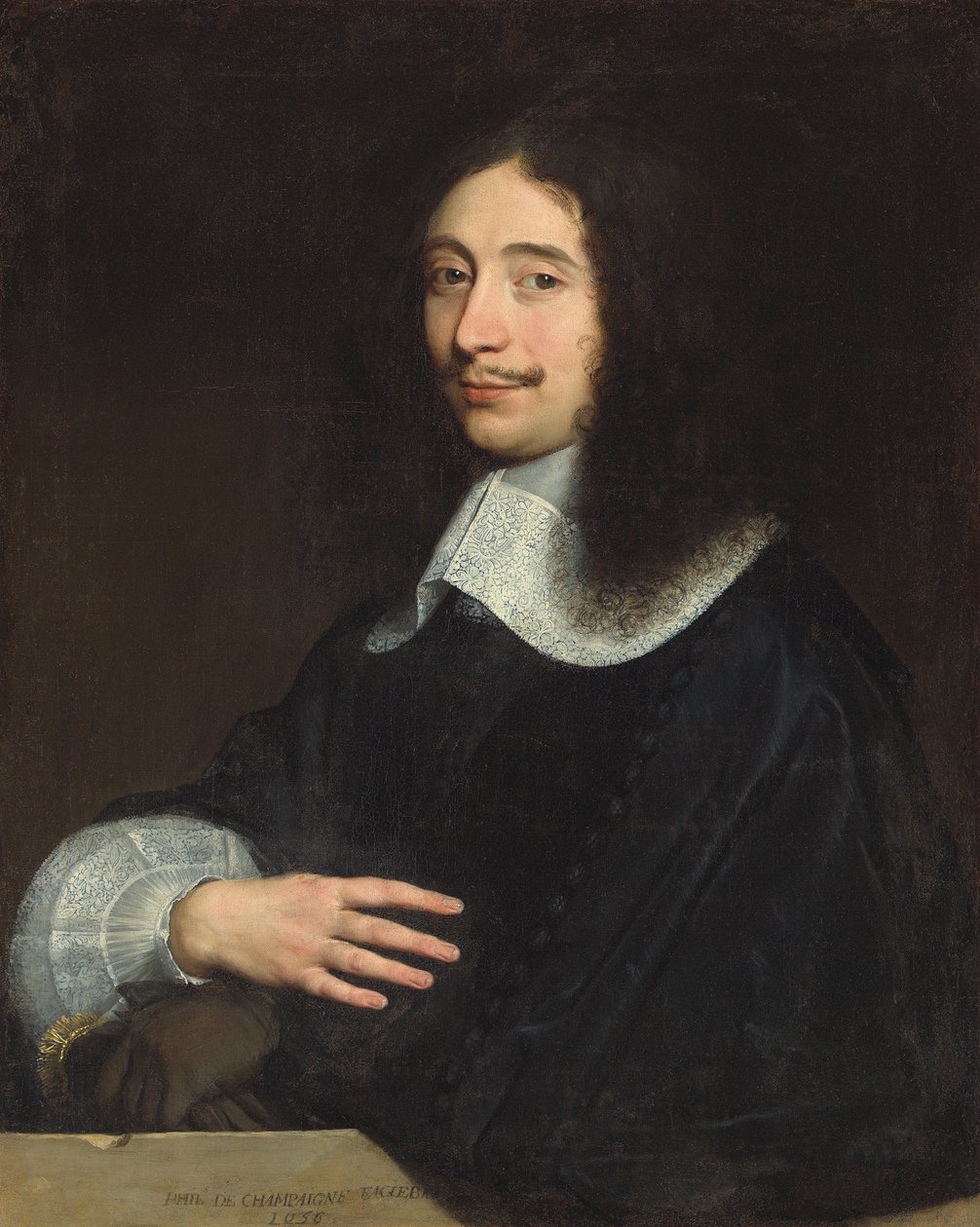 Retrato de un caballero, tradicionalmente identificado como Noël de Bullion, medio cuerpo, en negro con cuello y manga de encaje, sus guantes en la mano izquierda, 1656 de Philippe de Champaigne