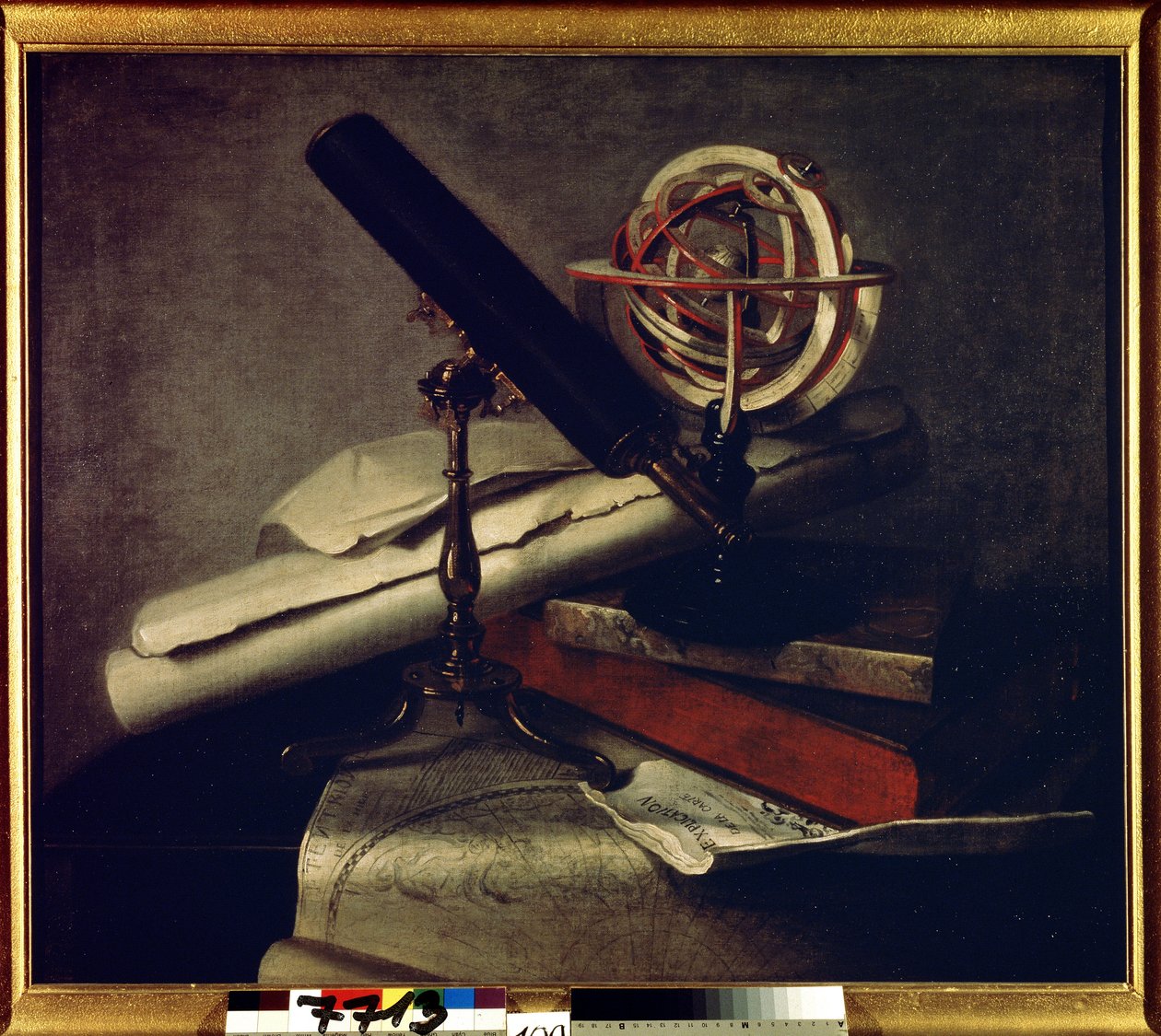 Instrumentos astronómicos. (Instrumentos astronómicos). Bodegón con telescopio, globo celeste y carta celeste. Pintura de Philippe de La Hyre (1640-1718). Arte francés, estilo barroco. Óleo sobre lienzo. Museo de Tsárskoye Selo, San P de Philippe de la Hire